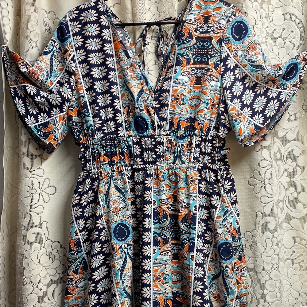 SHEIN  Bohemian Blue and Orange Patterned Dress